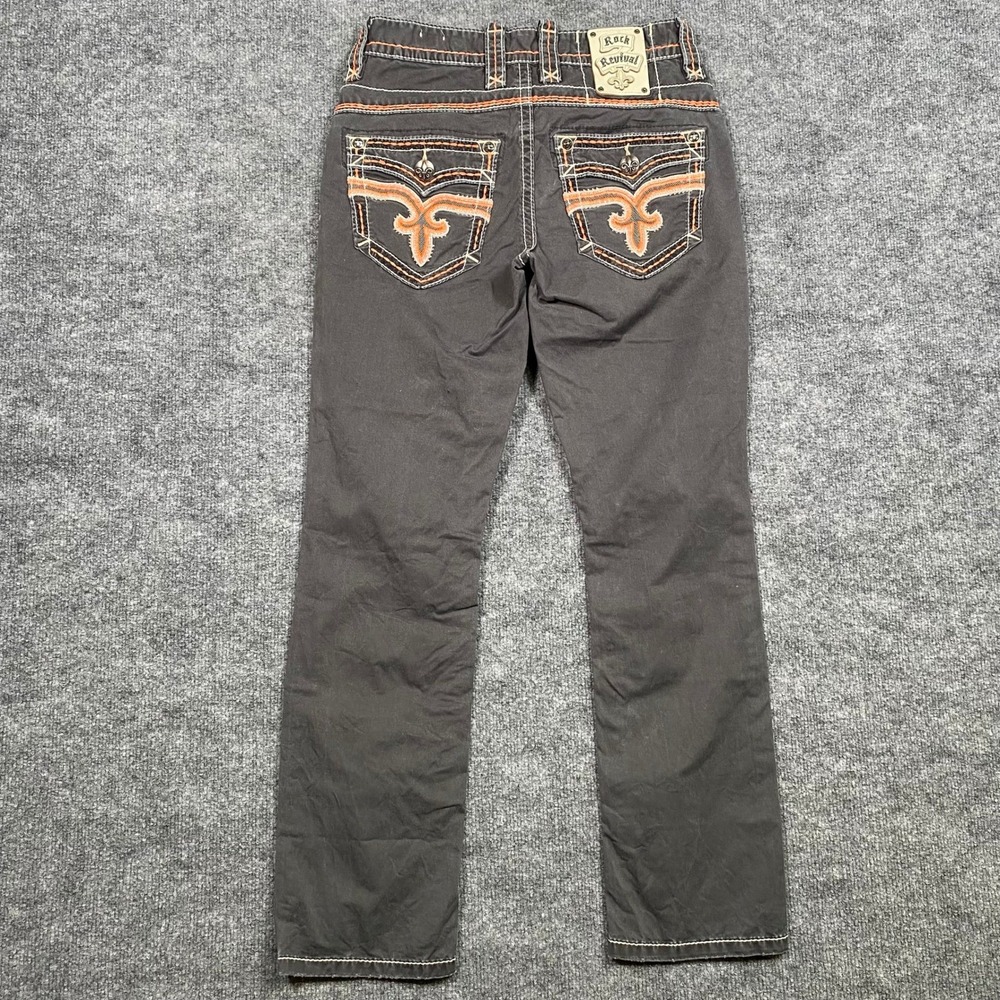 Rock Revival Women Charcoal‎ Grey Embellished Stitch Straight Leg Jeans Size 28